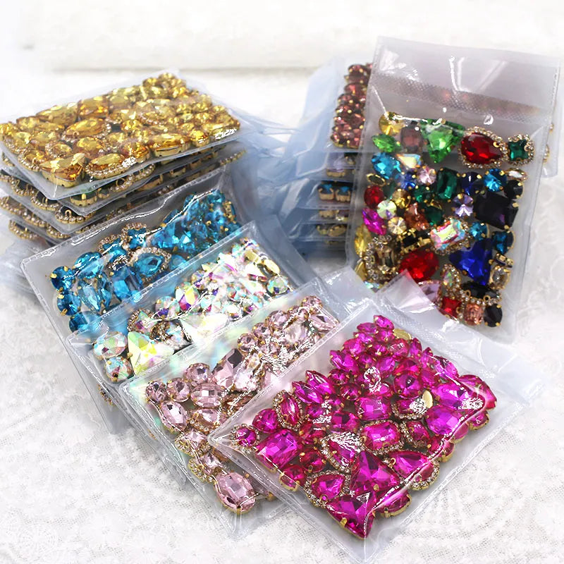 50pcs/Bag Shiny 24 Color Mixed Shape Sew on Glass Rhinestone Gold Claw Crystal Buckle Diy Wedding Decoration Clothes/Shoe/Dress