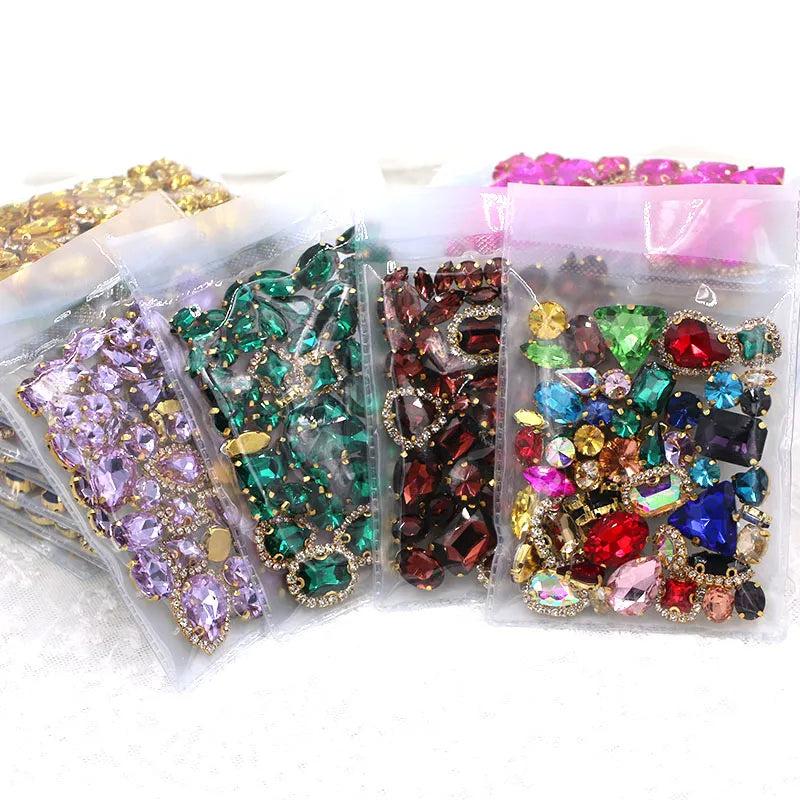 50pcs/Bag Shiny 24 Color Mixed Shape Sew on Glass Rhinestone Gold Claw Crystal Buckle Diy Wedding Decoration Clothes/Shoe/Dress