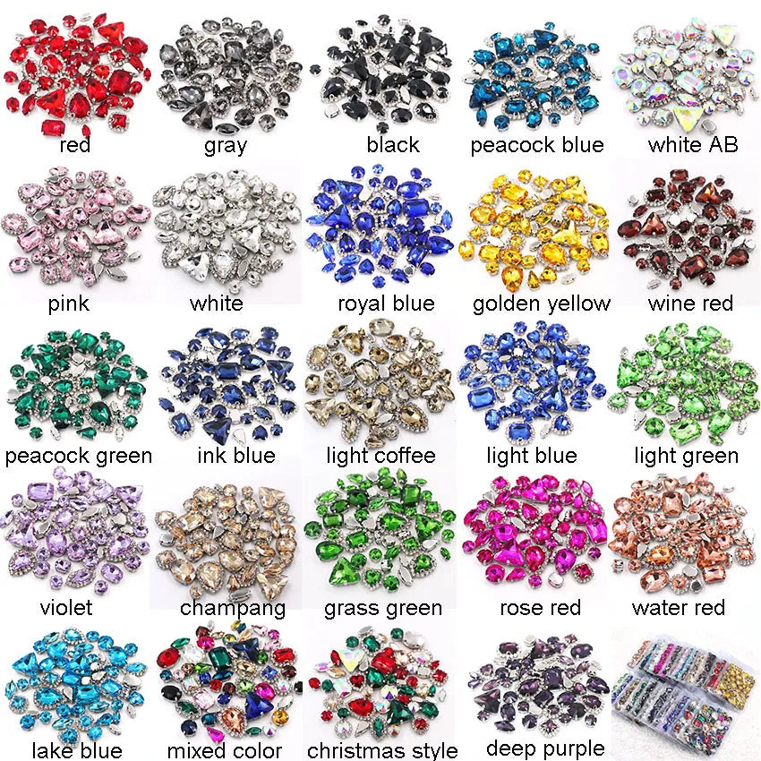 50pcs/Bag Shiny 24 Color Mixed Shape Sew on Glass Rhinestone Gold Claw Crystal Buckle Diy Wedding Decoration Clothes/Shoe/Dress