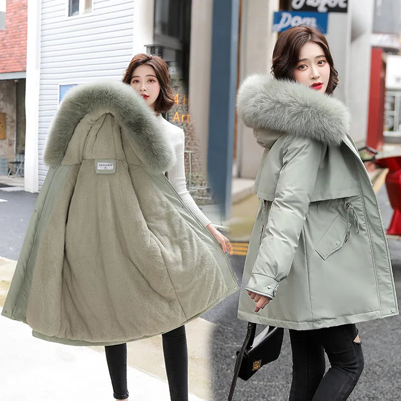 Women Parka Fashion Long Coat Wool Liner Hooded Parkas 2022 New Winter Jacket Slim with Fur Collar Warm Snow Wear Padded Clothes