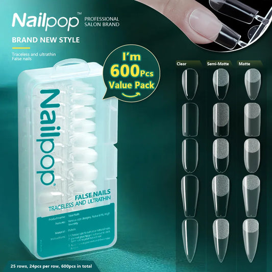 Nailpop 600pcs PRO Fake Nails Full Cover False Nail Tips Acrylic Nail Capsules Professional Material Finger Soak Off Gel Tips