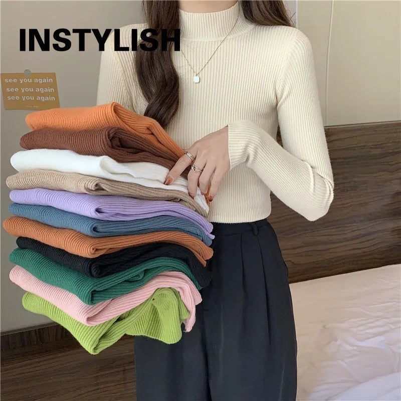 Women Autumn Winter Turtleneck Sweater Vintage Solid Basic Knitted Tops Casual Slim Pullover Korean Fashion Simple Chic Jumpers