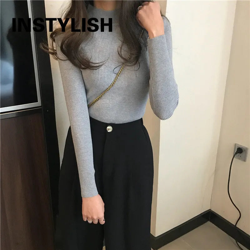 Women Autumn Winter Turtleneck Sweater Vintage Solid Basic Knitted Tops Casual Slim Pullover Korean Fashion Simple Chic Jumpers