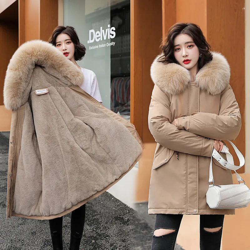 Women Parka Fashion Long Coat Wool Liner Hooded Parkas 2022 New Winter Jacket Slim with Fur Collar Warm Snow Wear Padded Clothes