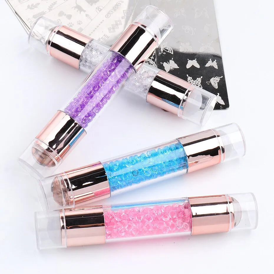 3pcs Nail Stamp Art Set Double Head Silicone Nail Stamper Crystal Handle Stamp Random Stencil Easy Stamp Set Stamp Plating Tool