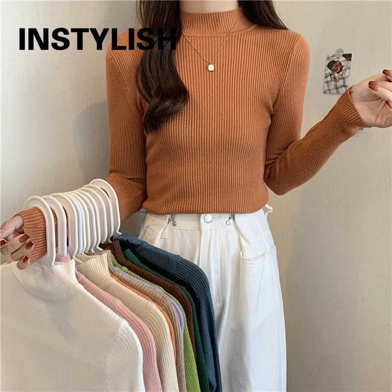 Women Autumn Winter Turtleneck Sweater Vintage Solid Basic Knitted Tops Casual Slim Pullover Korean Fashion Simple Chic Jumpers