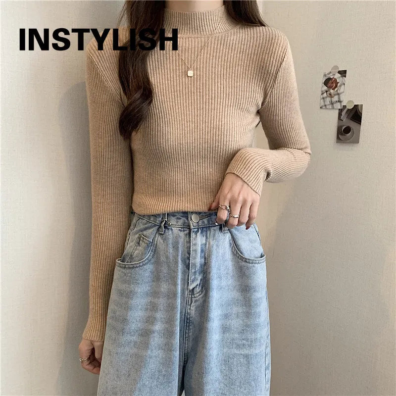 Women Autumn Winter Turtleneck Sweater Vintage Solid Basic Knitted Tops Casual Slim Pullover Korean Fashion Simple Chic Jumpers